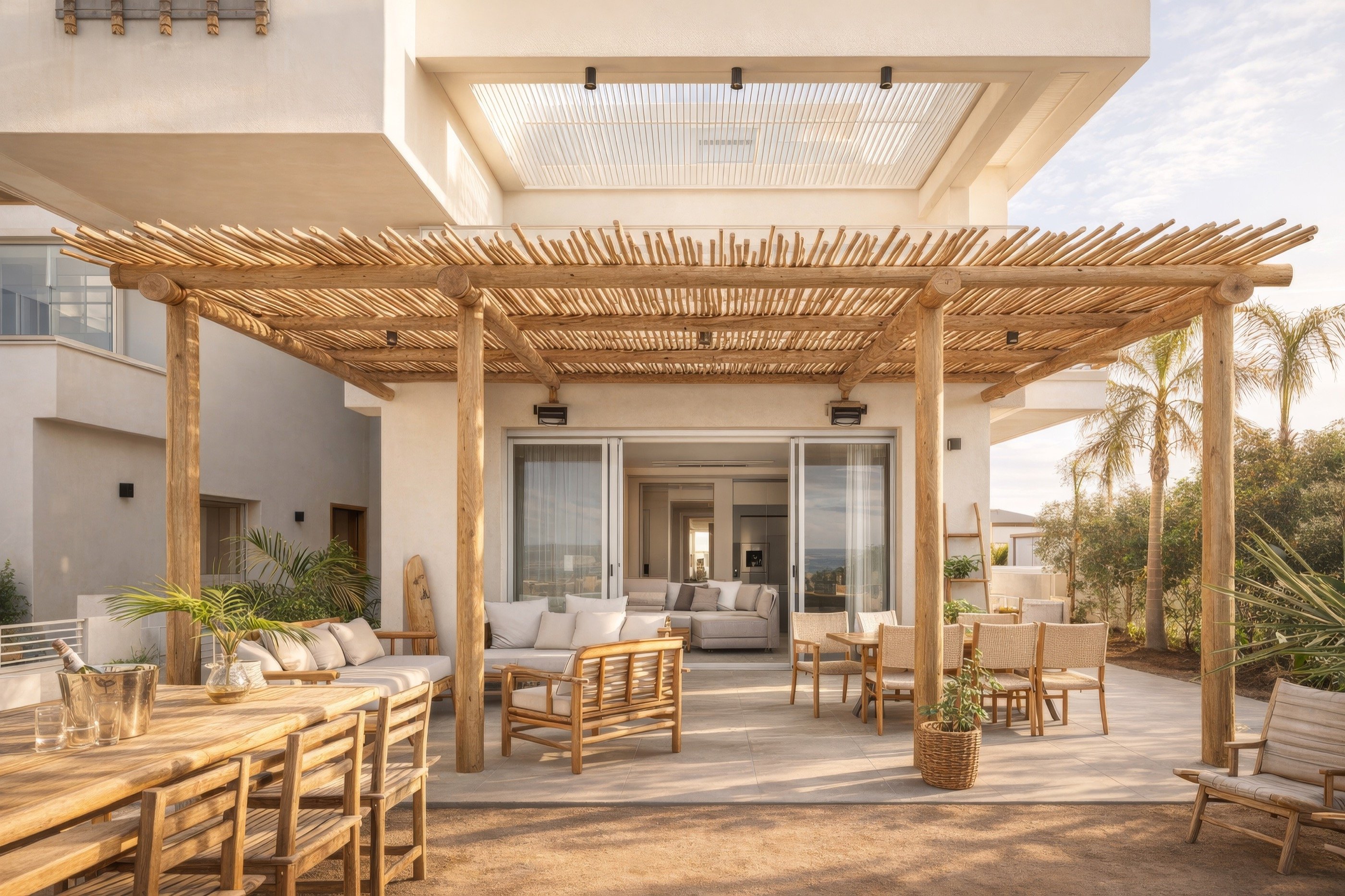 The pergola at midday — teak, linen, pause.