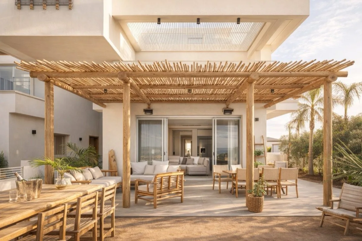 The pergola at midday — teak, linen, pause.