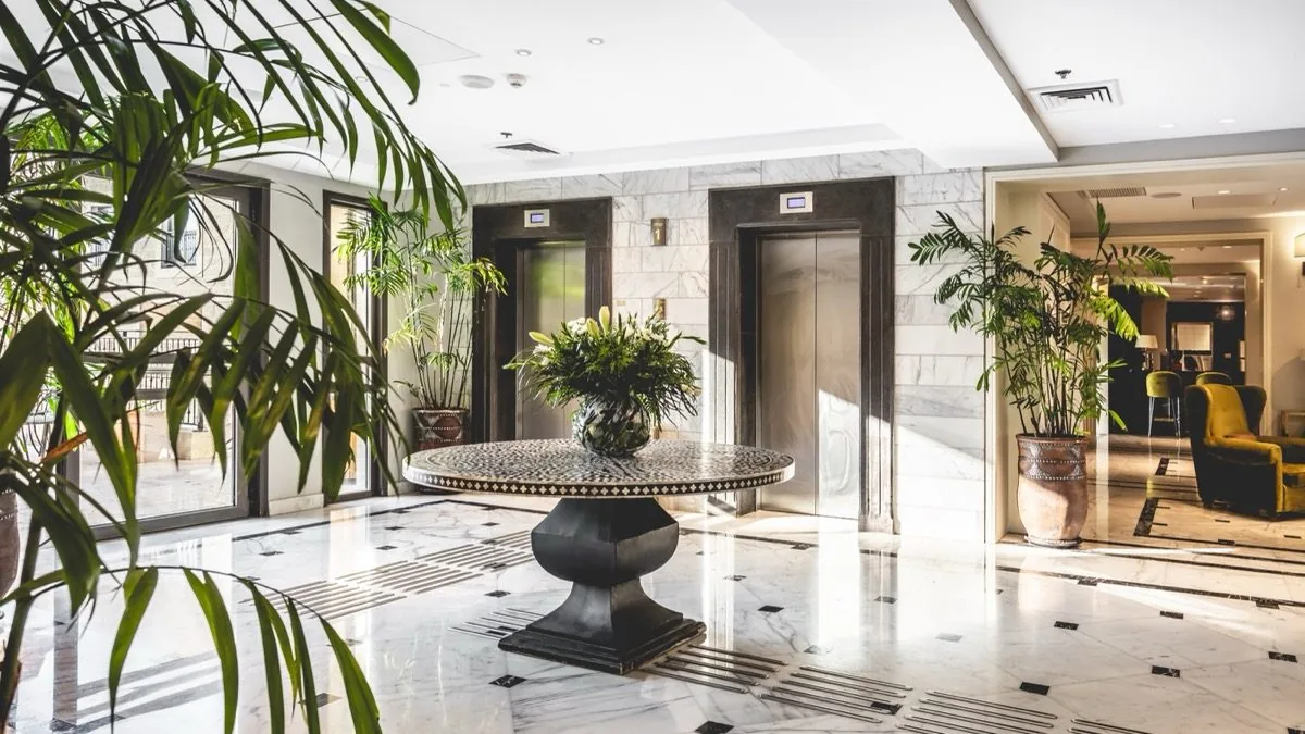 The lobby breathes — marble, palm, a single urn.