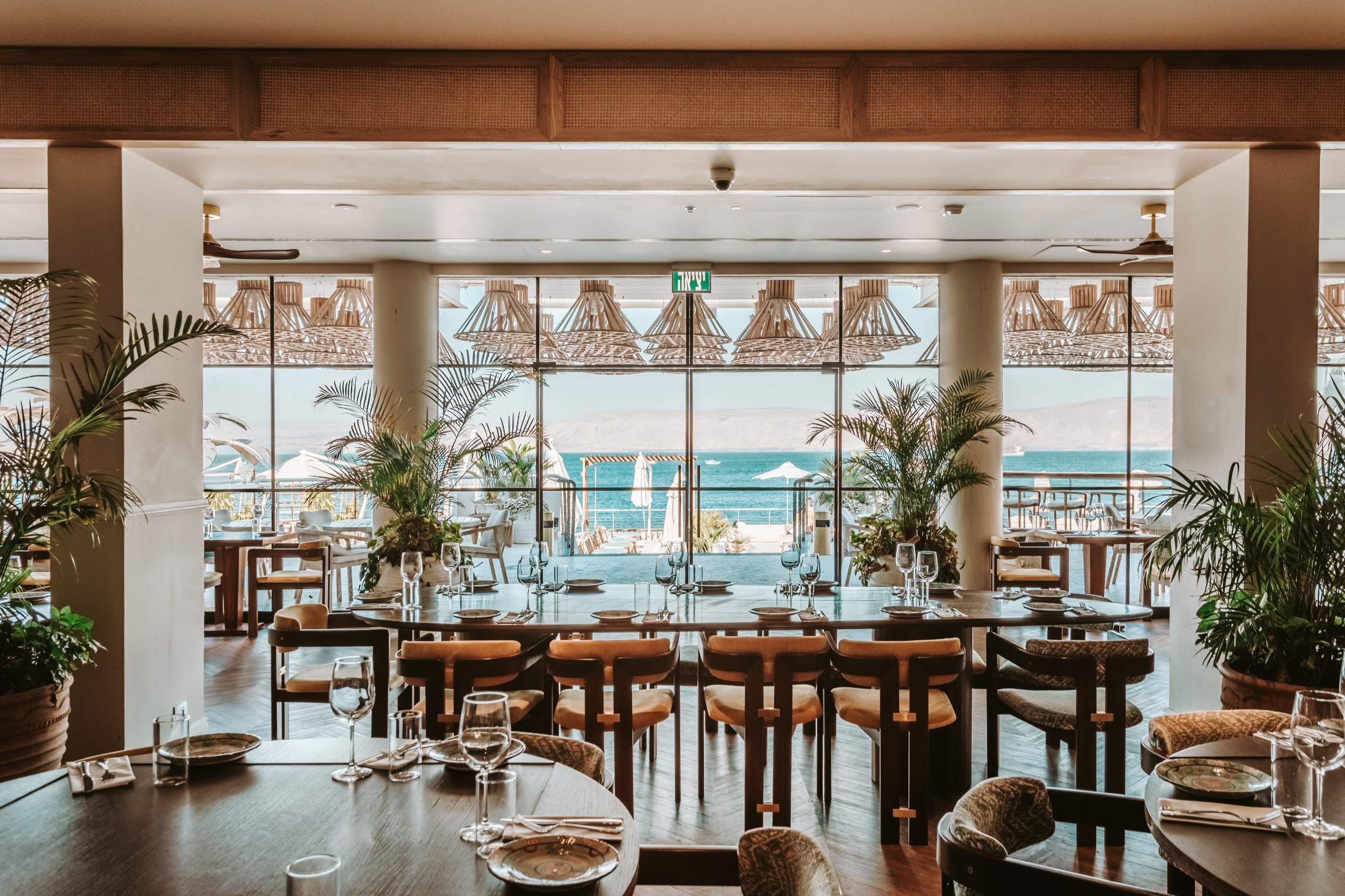 The dining room looks out at its own palms.