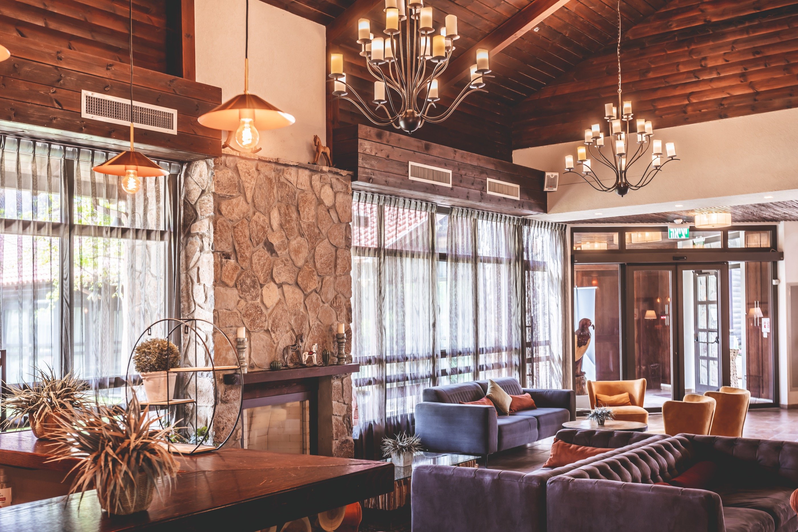 The lobby — stone, chandelier, velvet.