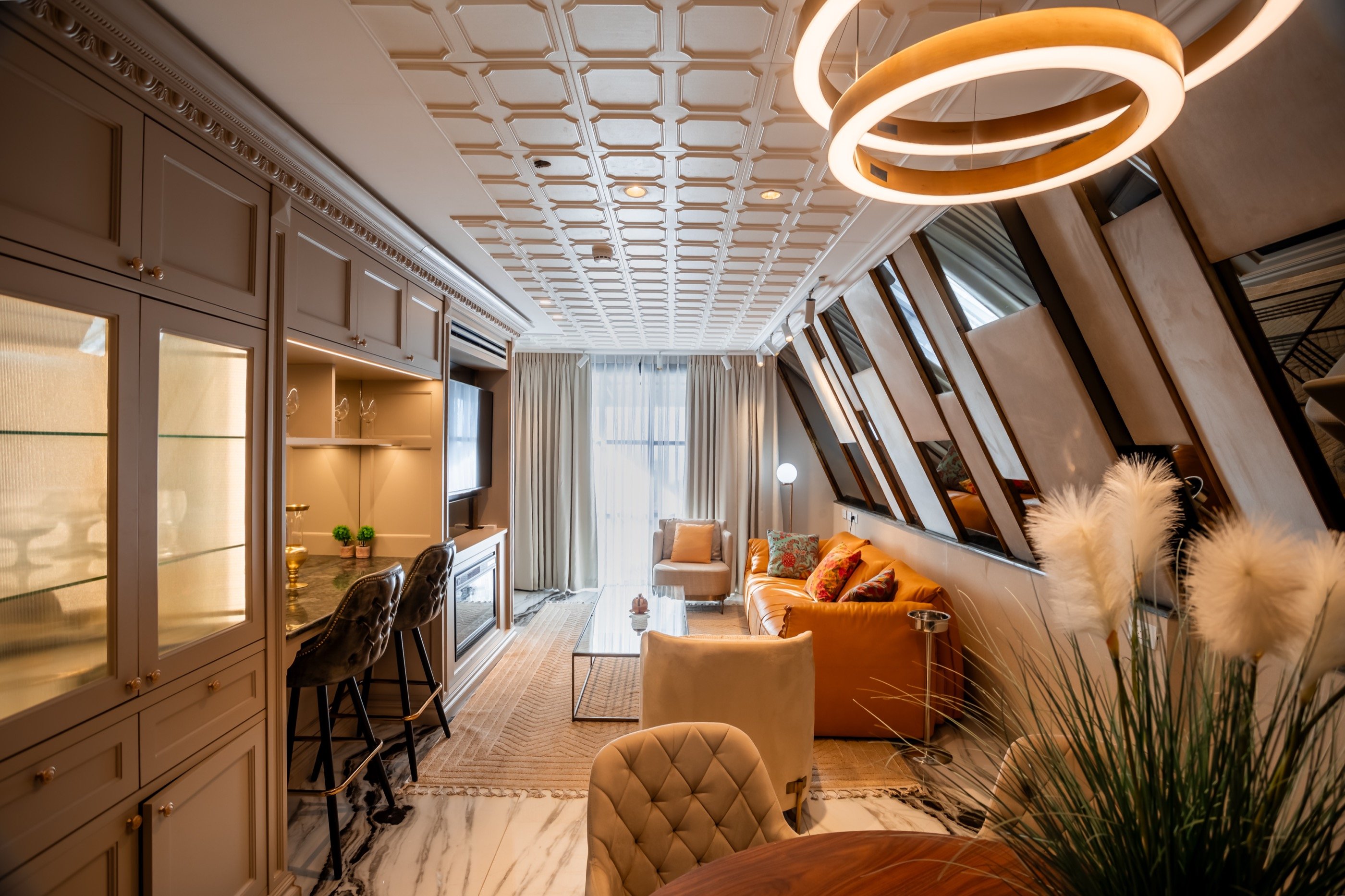 Orange velvet in the suite under glass.