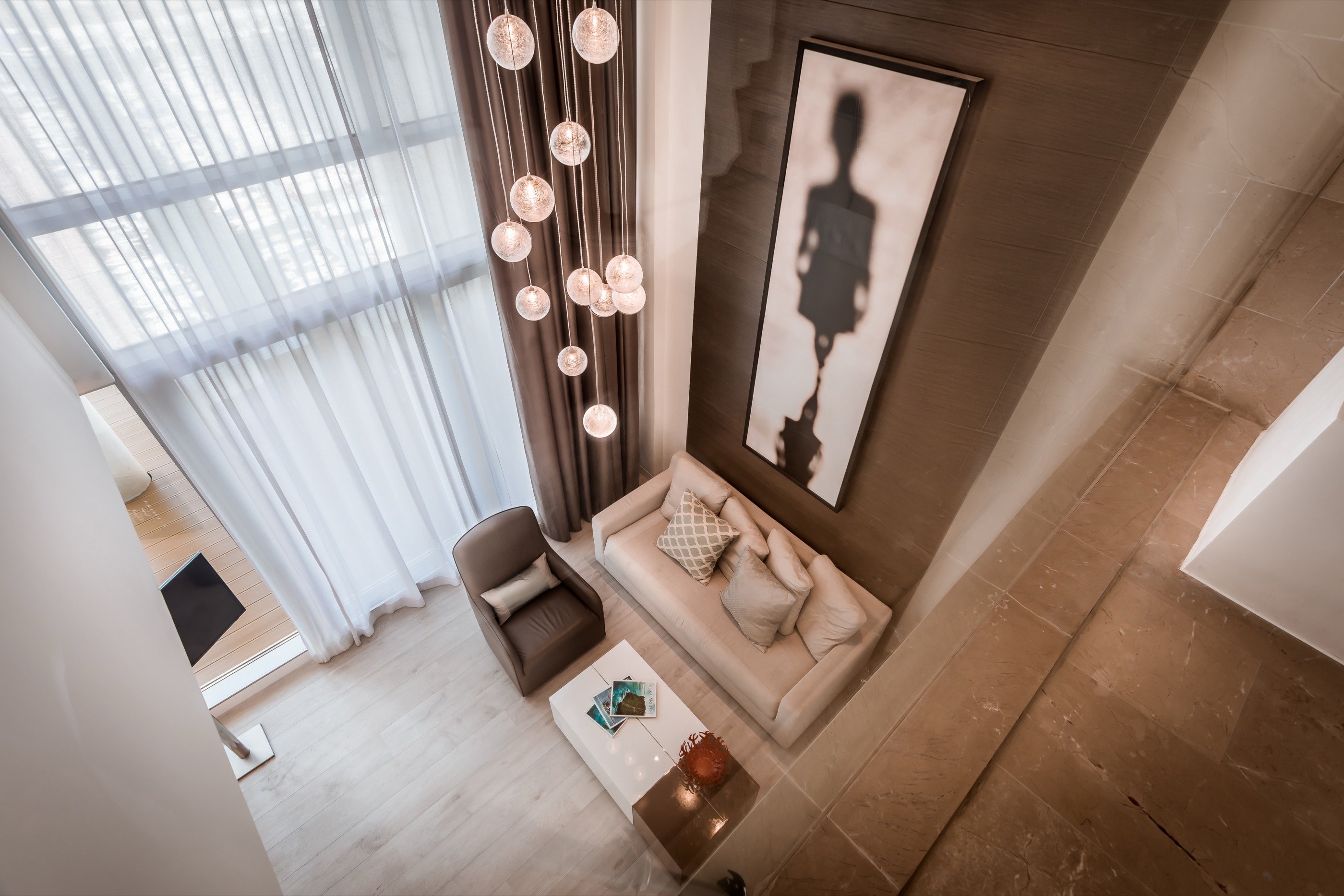 The suite from above — a chandelier as punctuation.